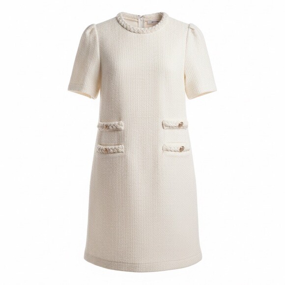 VOY Dress Womens Size SMALL Cream Mini Shift Short Sleeve Gold Buttons NWT - Picture 2 of 9